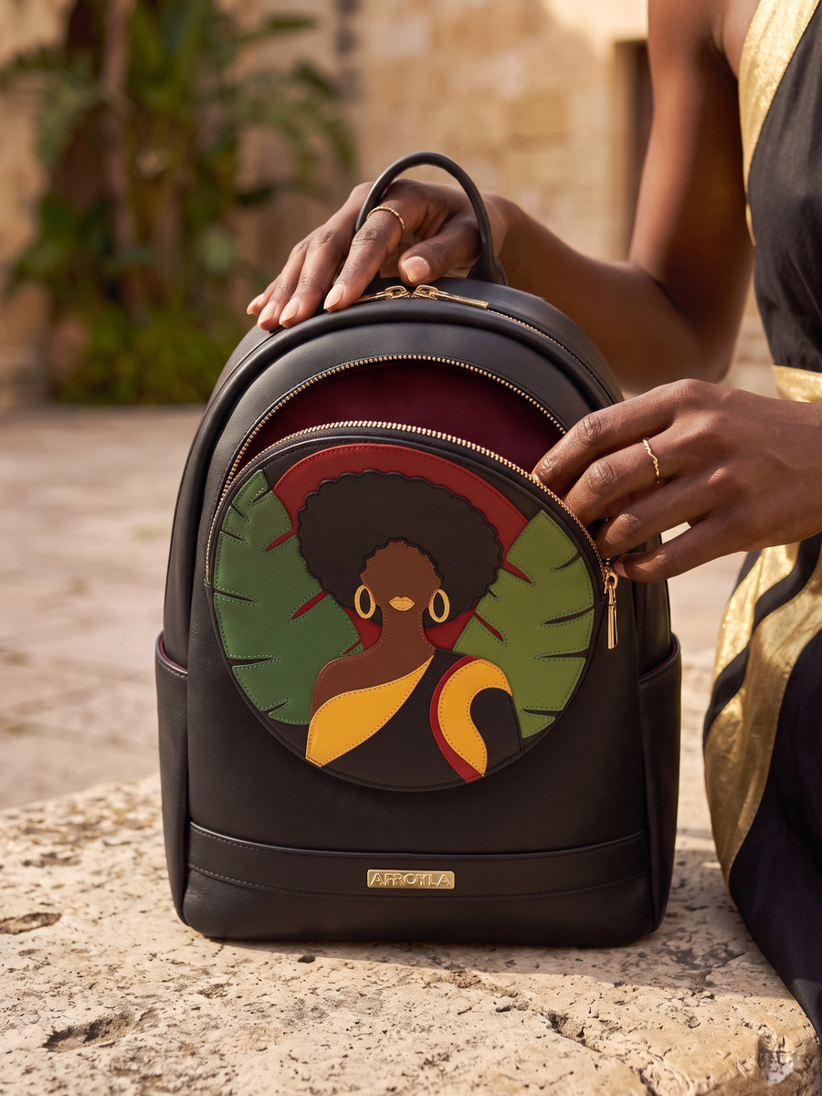 "Jamila" Black Applique Leather Backpack