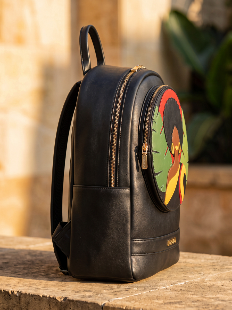 "Jamila" Black Applique Leather Backpack