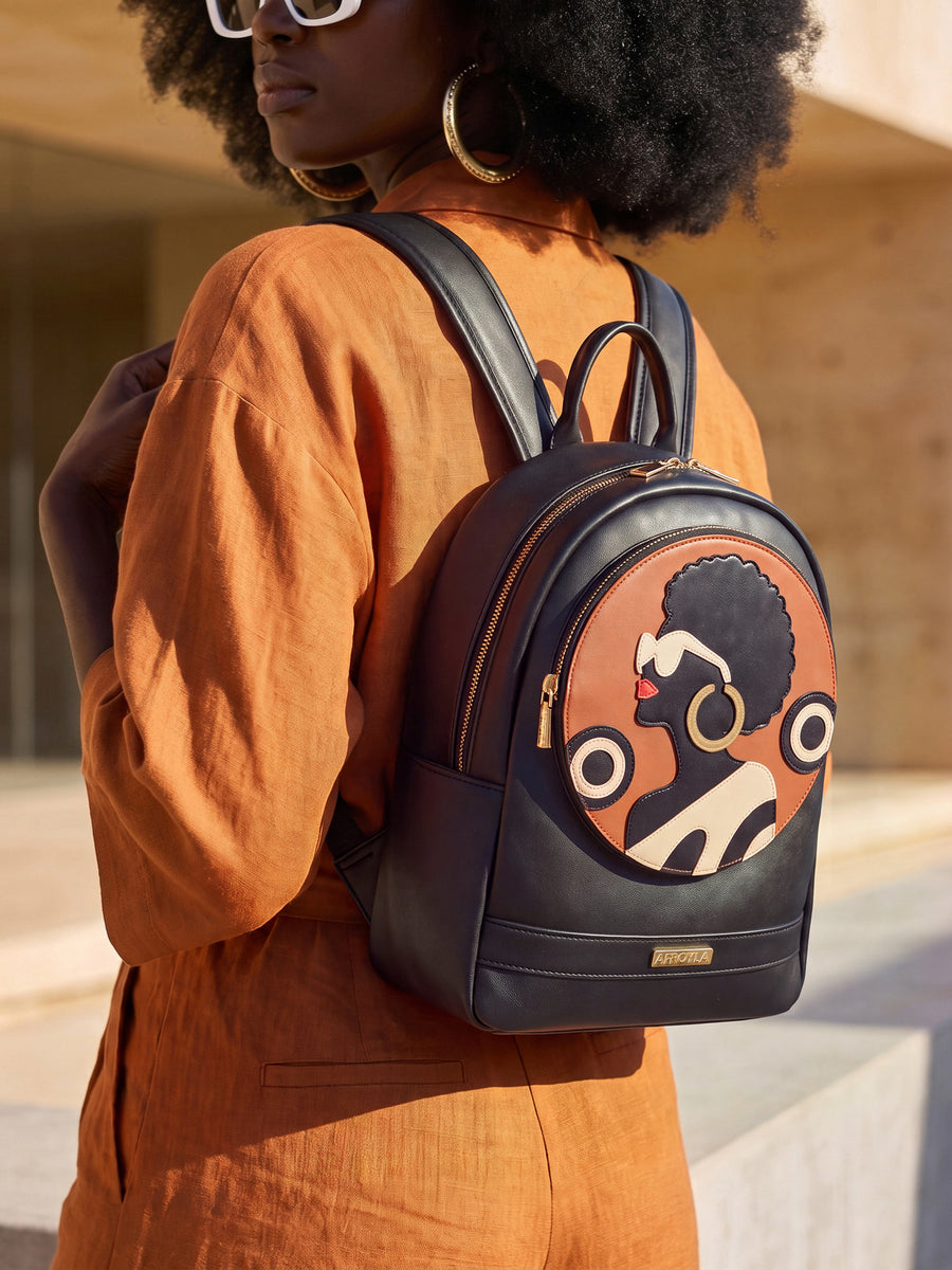 "Nubiya" Black Applique Leather Backpack