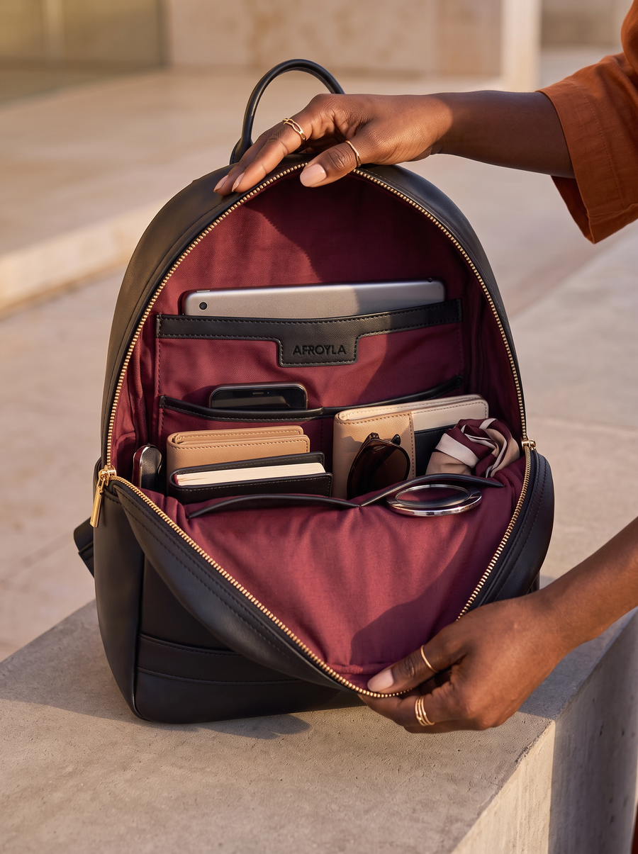 "Nubiya" Black Applique Leather Backpack