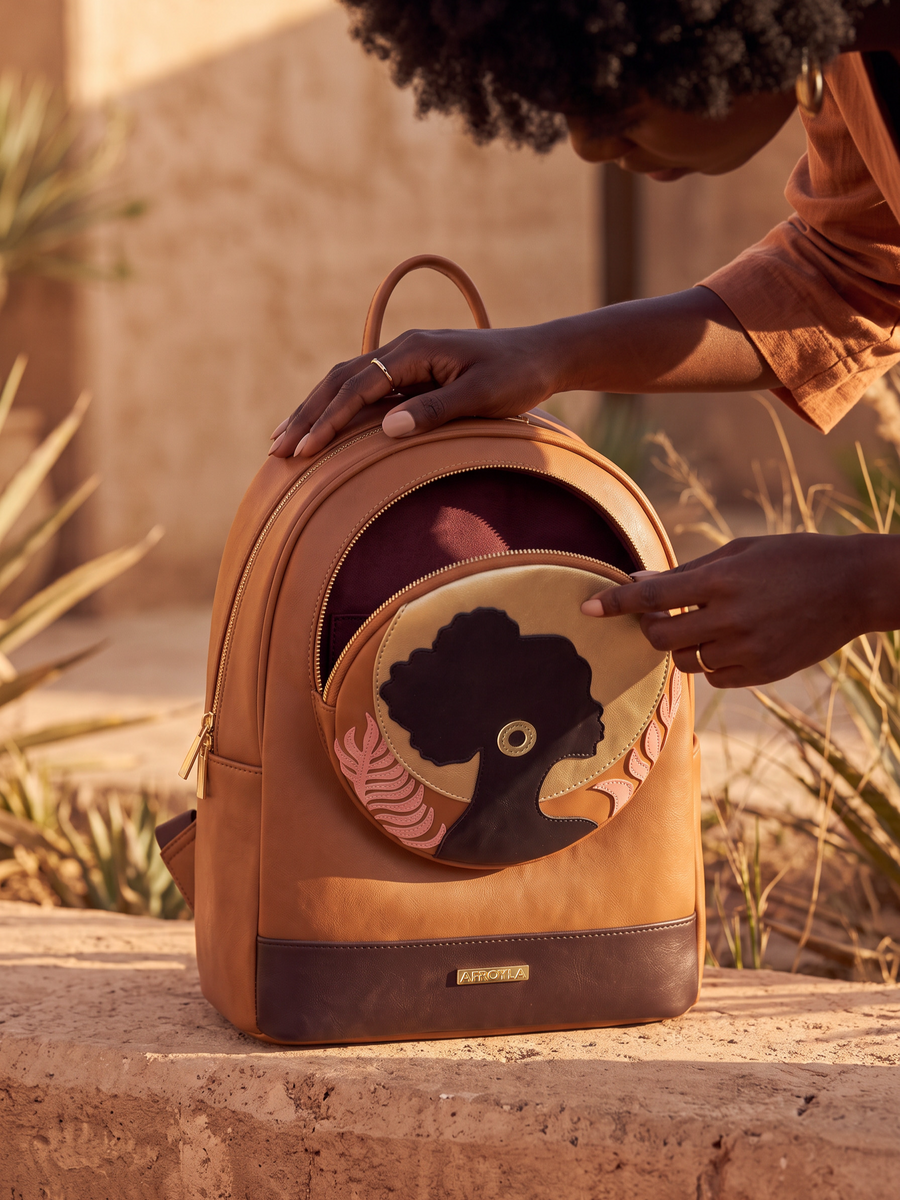 "Zahara" Brown Applique Leather Backpack