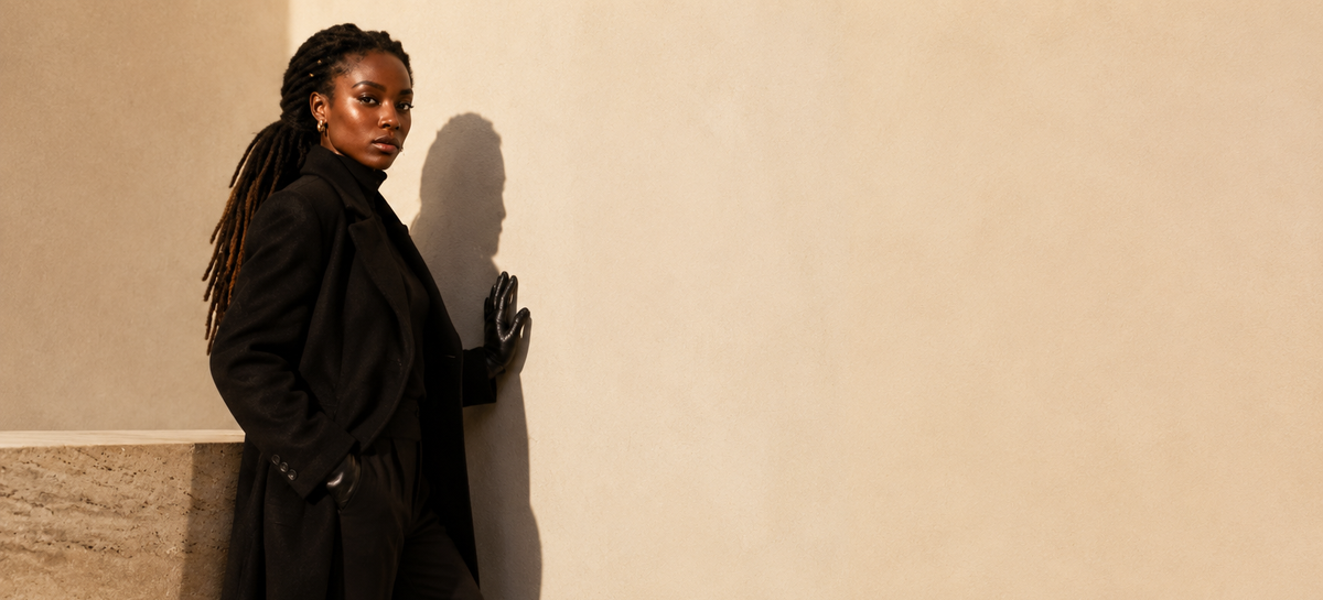 Afroyla editorial — model leaning on bone plaster wall