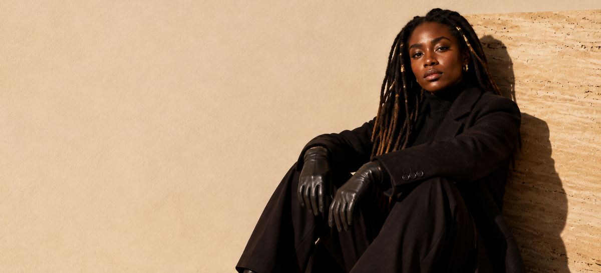 Afroyla editorial — model seated against travertine block