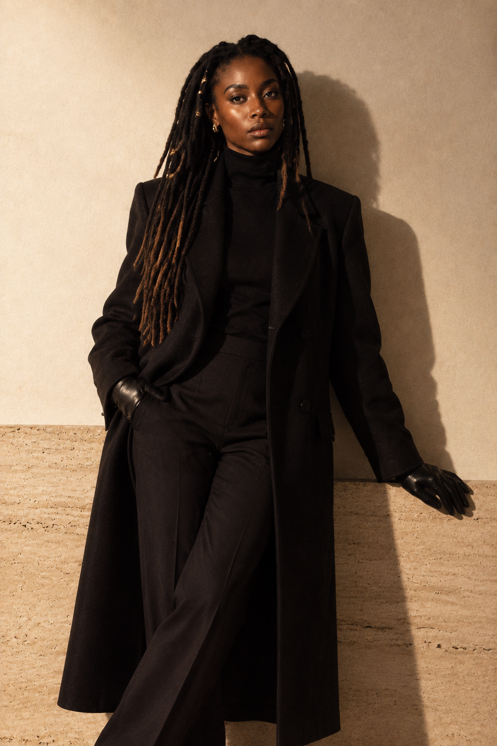 Afroyla editorial — model with long locs leaning on a plaster wall