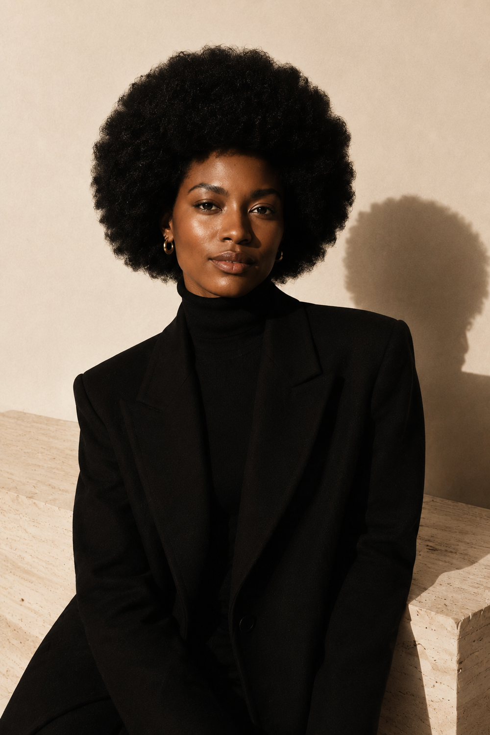 Afroyla editorial — seated model with natural afro, soft smile