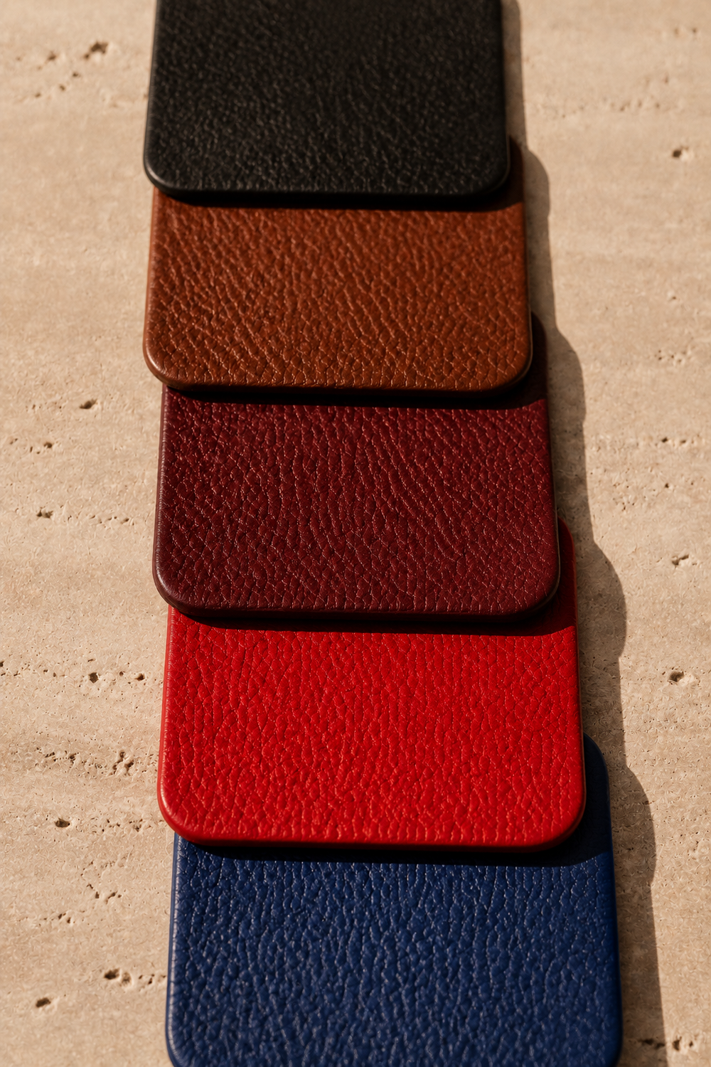Cascade of pebbled leather swatches on travertine