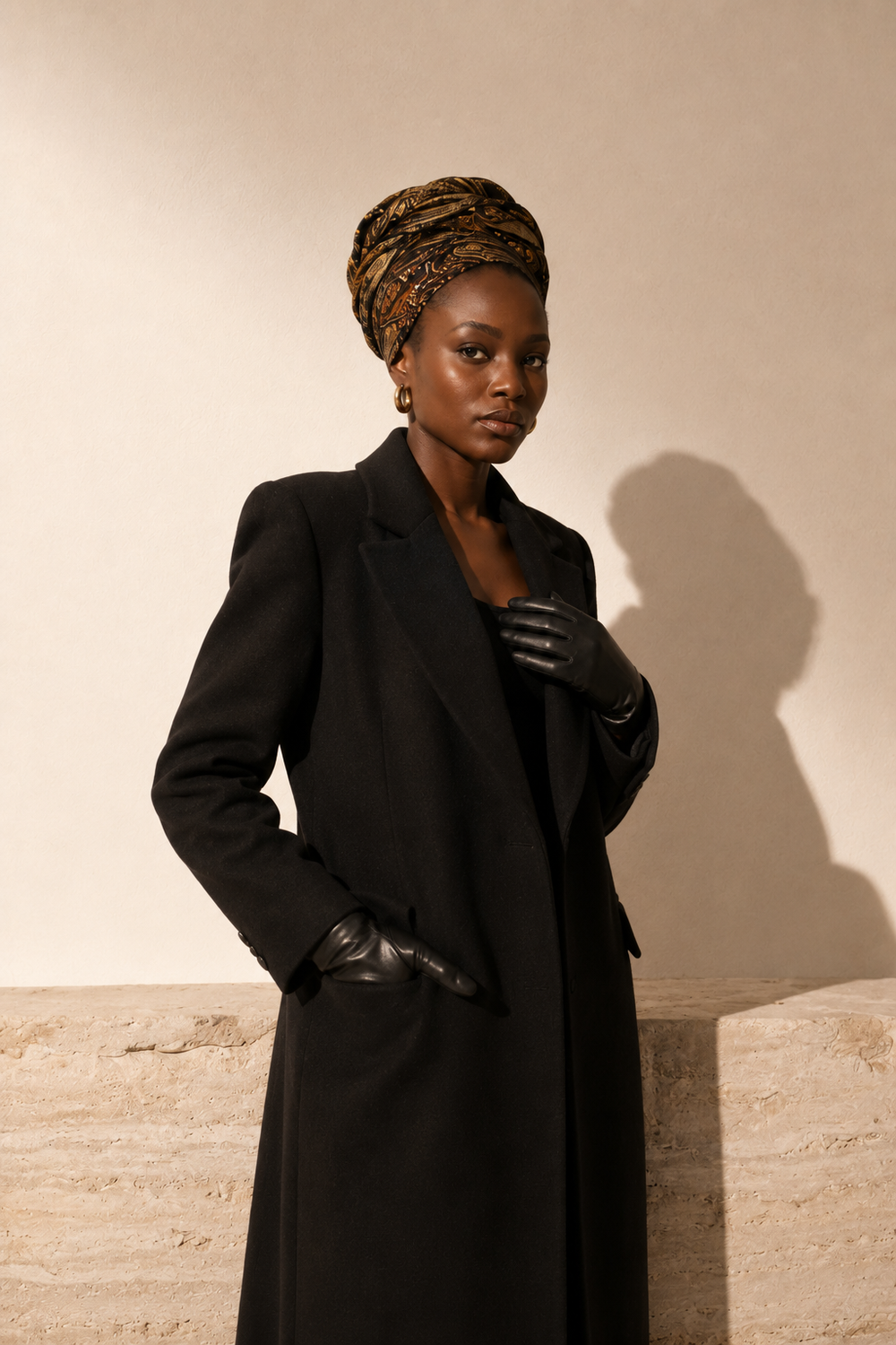 Afroyla editorial — head-wrapped model in black tailoring
